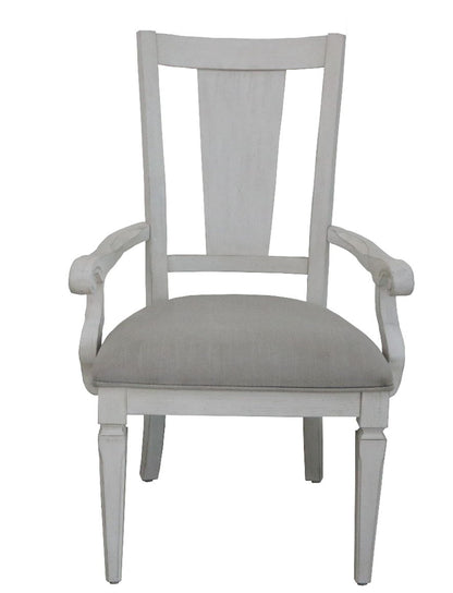Katia light gray and white upholstered arm chair with wooden frame on Tampa Home & Garden Store