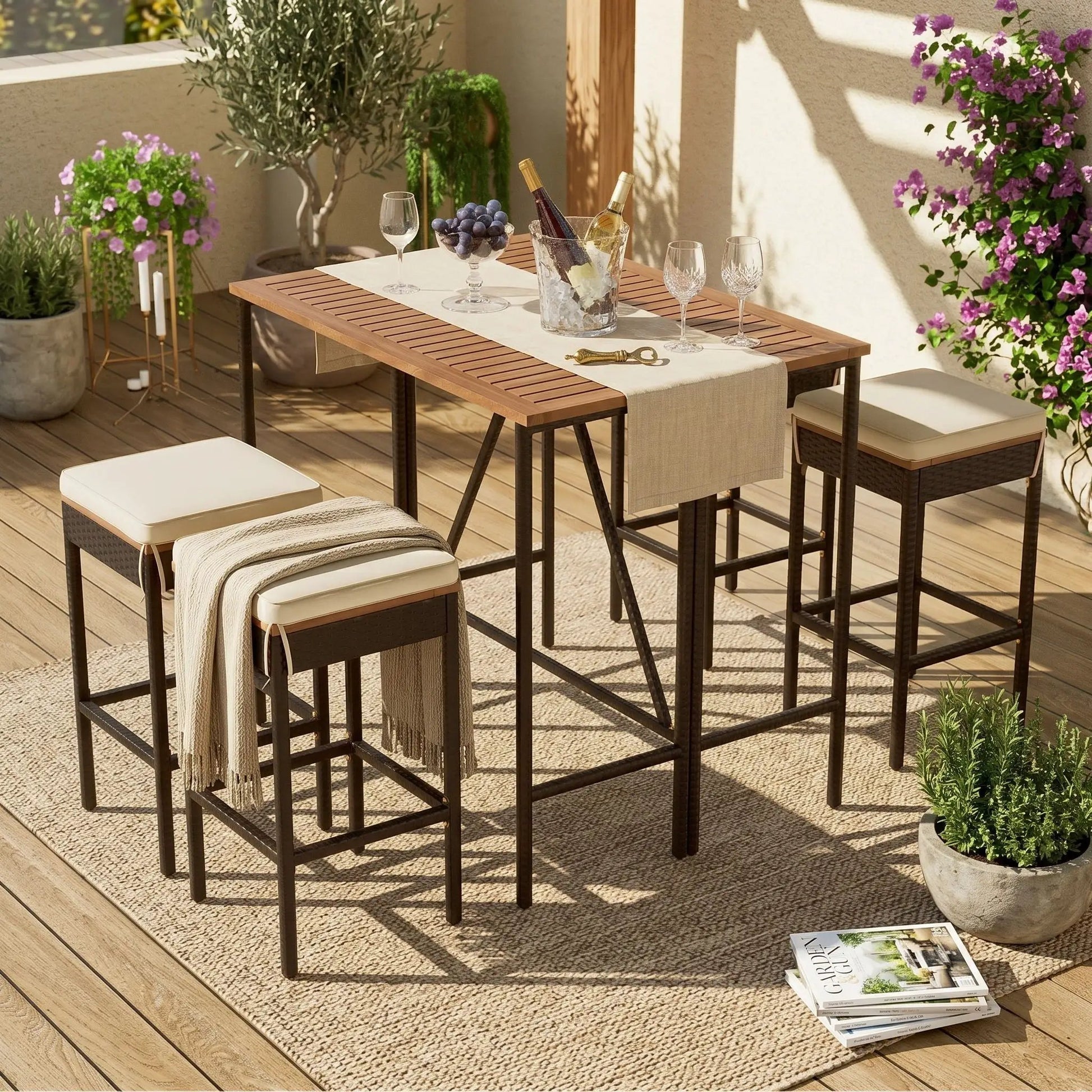 Outdoor acacia wood bar-height dining table with eight beige-c Cushioned stools and slatted top on Tampa Home & Garden Store