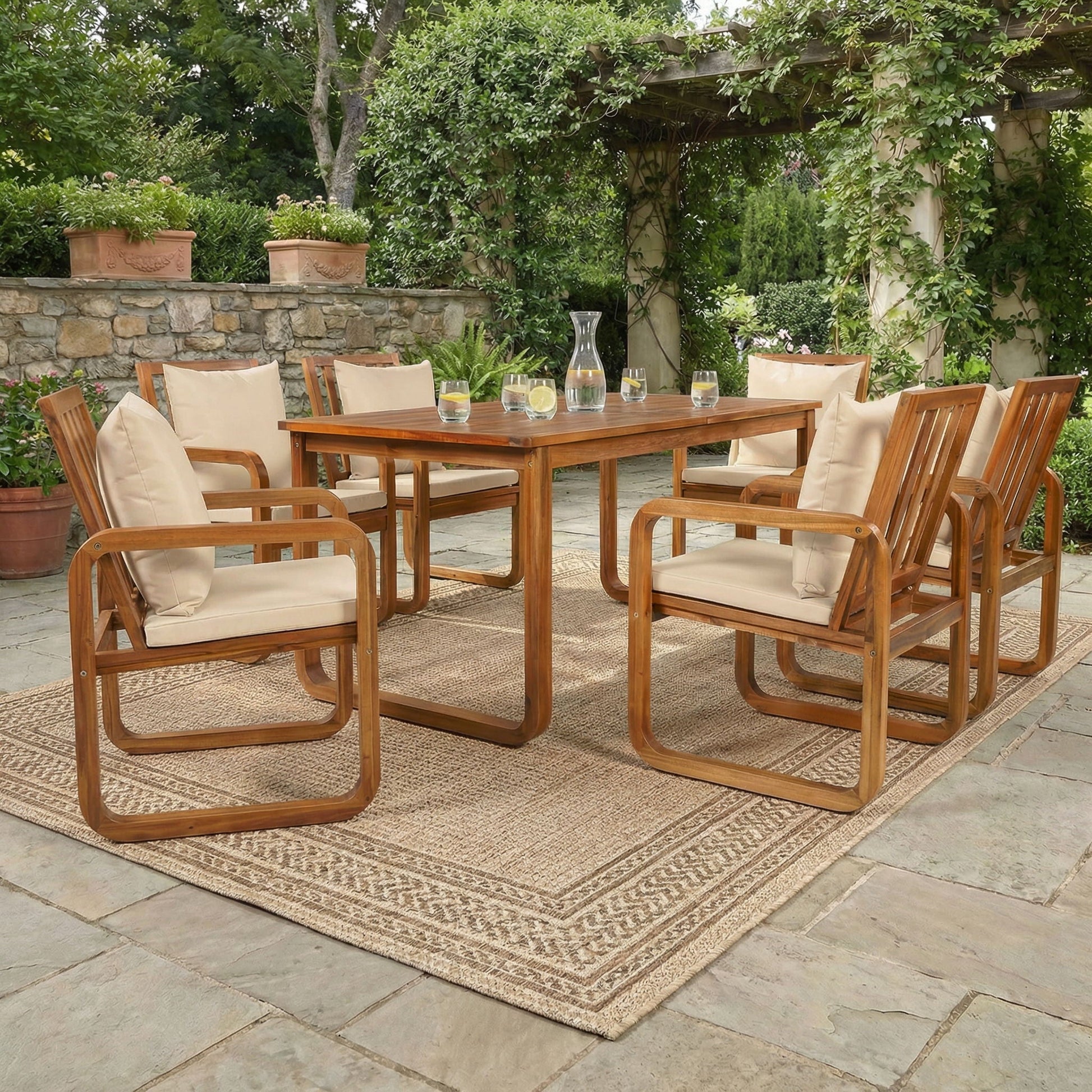 7 Piece Outdoor Dining Set by HouseOfZazla in teak wood with beige removable cushions on Tampa Home & Garden Store