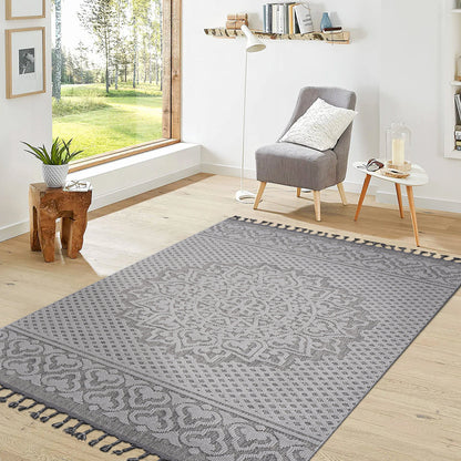 Stain-resistant soft-pile area rug grey with tassel fringe HouseOfZazla on Tampa Home & Garden Store