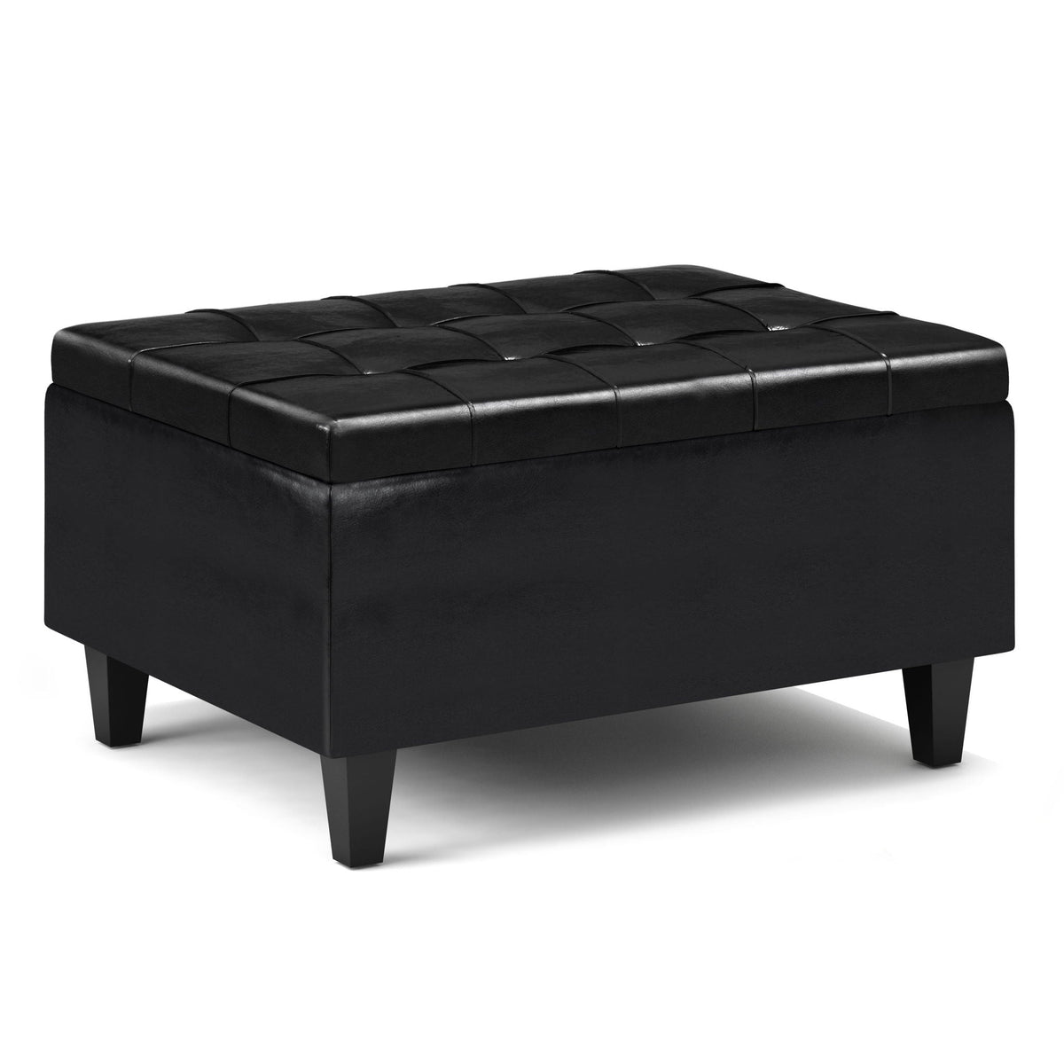 Harrison Tufted Lift Top Storage Ottoman, black faux leather with tufted grid top on Tampa Home & Garden Store