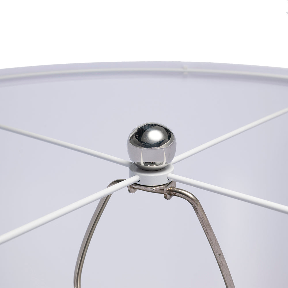 Silver round table lamp with white fabric shade chrome ball finial and metal frame on Tampa Home & Garden Store