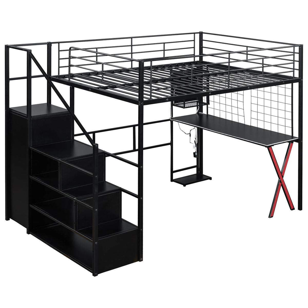 Loft bed with built-in workstation, wardrobe, storage stairs and LED, black metal frame on Tampa Home & Garden Store