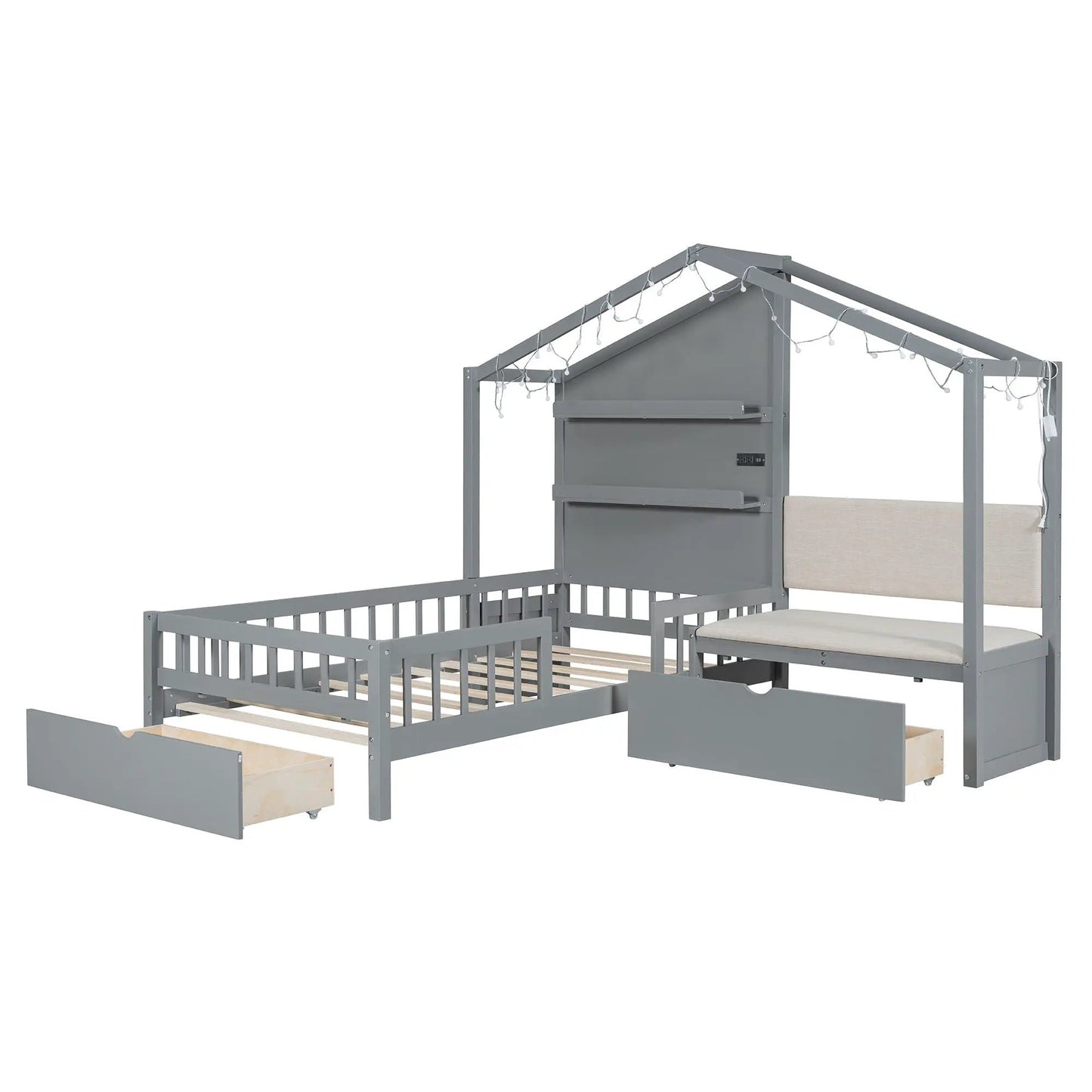 House bed: upholstered sofa, gray frame, shelves and 2 drawers by Unique Piece Furniture on Tampa Home & Garden Store