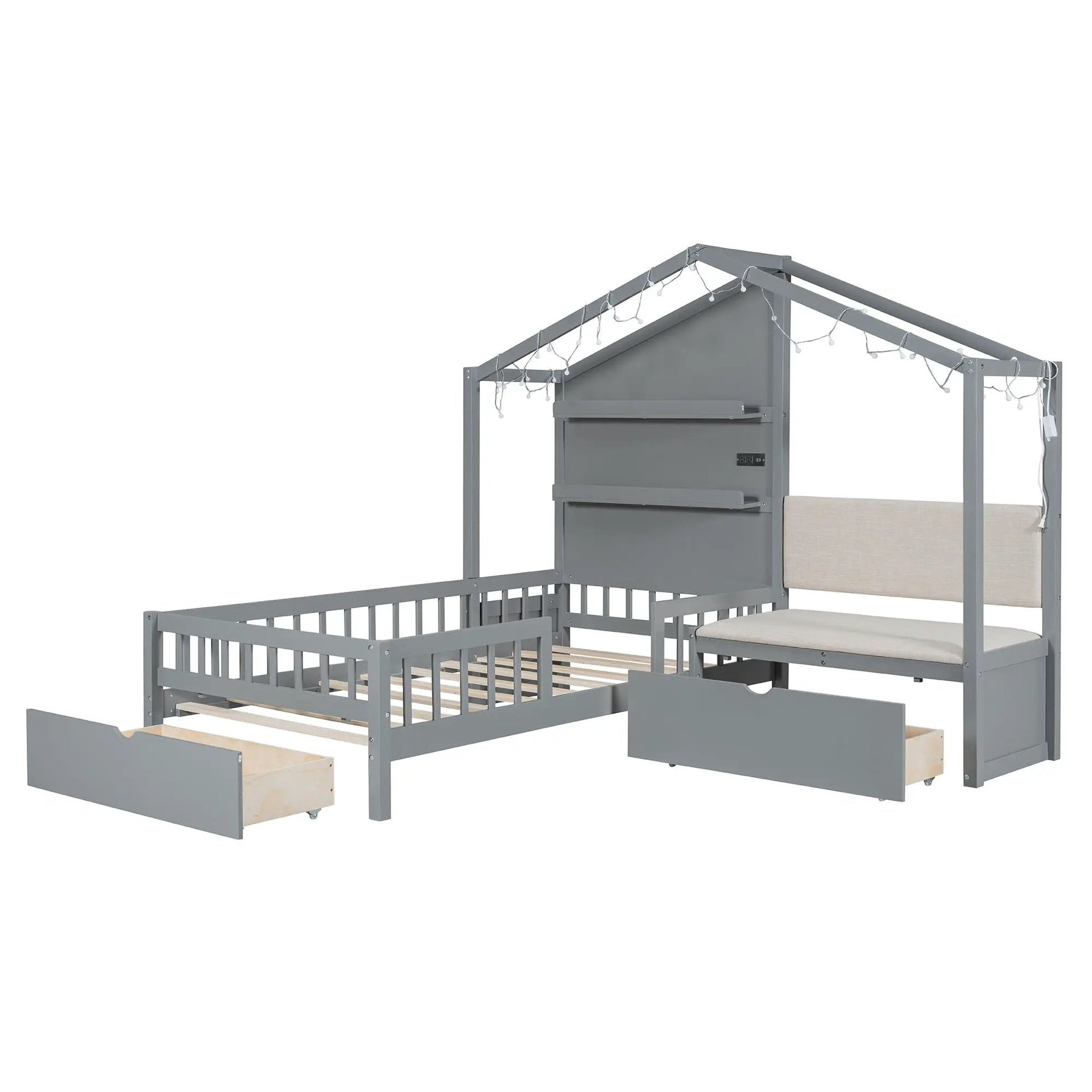 House bed: upholstered sofa, gray frame, shelves and 2 drawers by Unique Piece Furniture on Tampa Home & Garden Store