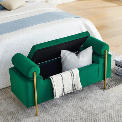 Elegant emerald green velvet storage bench with cylindrical arms and gold iron legs; open storage on Tampa Home & Garden Store