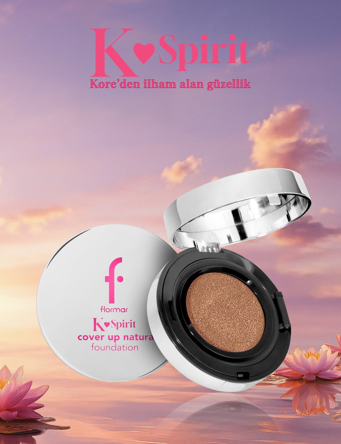 Flormar K-Spirit Cushion Cover Up Foundation compact with beige cushion, pink logo, silver case on Tampa Home & Garden Store