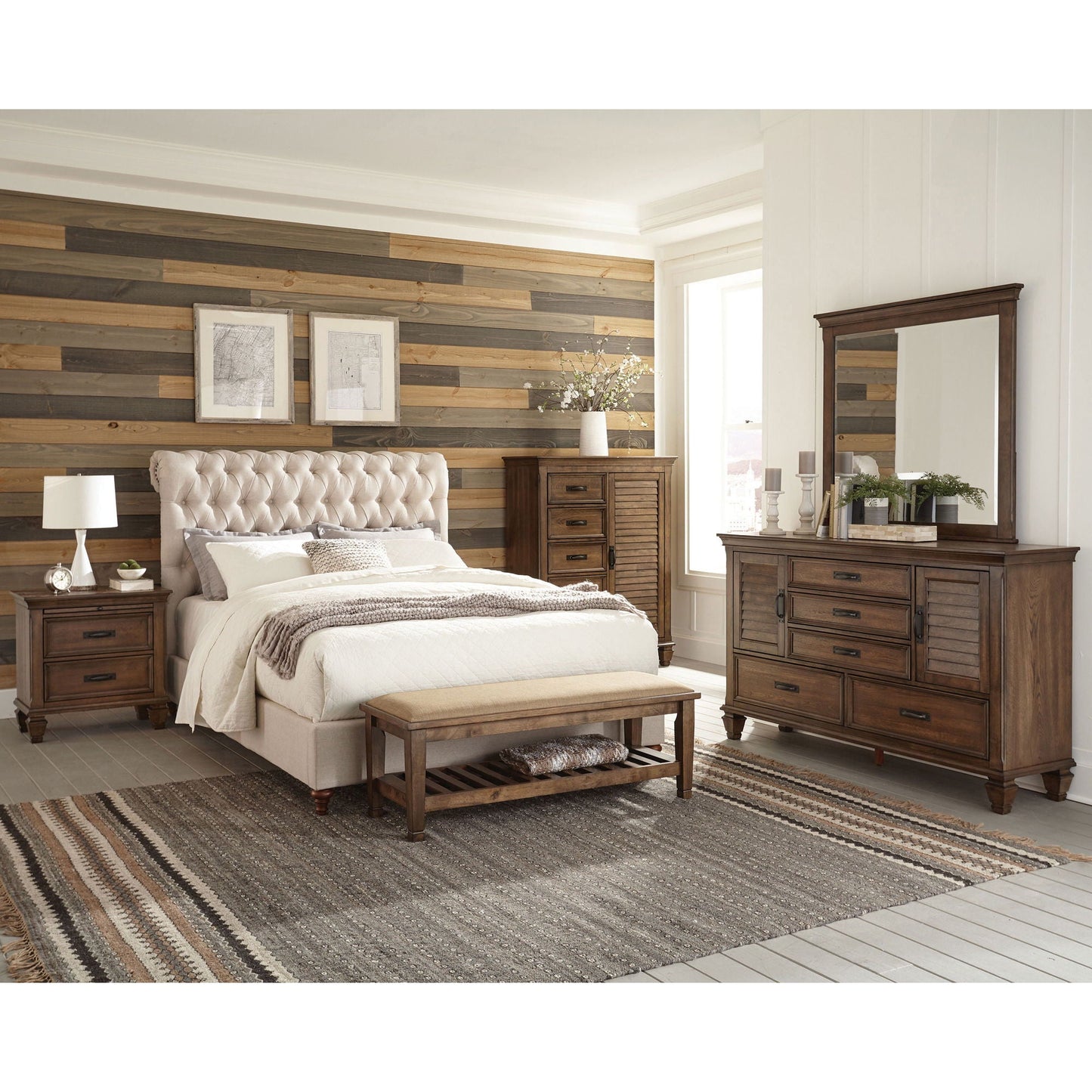 Clemence tufted upholstered bed with rolled back design in neutral beige fabric with dark wood on Tampa Home & Garden Store