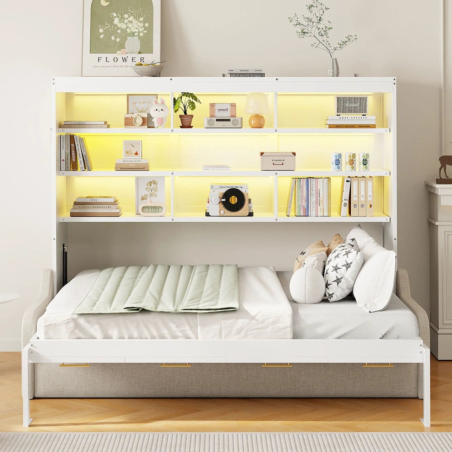 Murphy cabinet bed with folding sofa, white finish, built-in storage shelves and LED light on Tampa Home & Garden Store