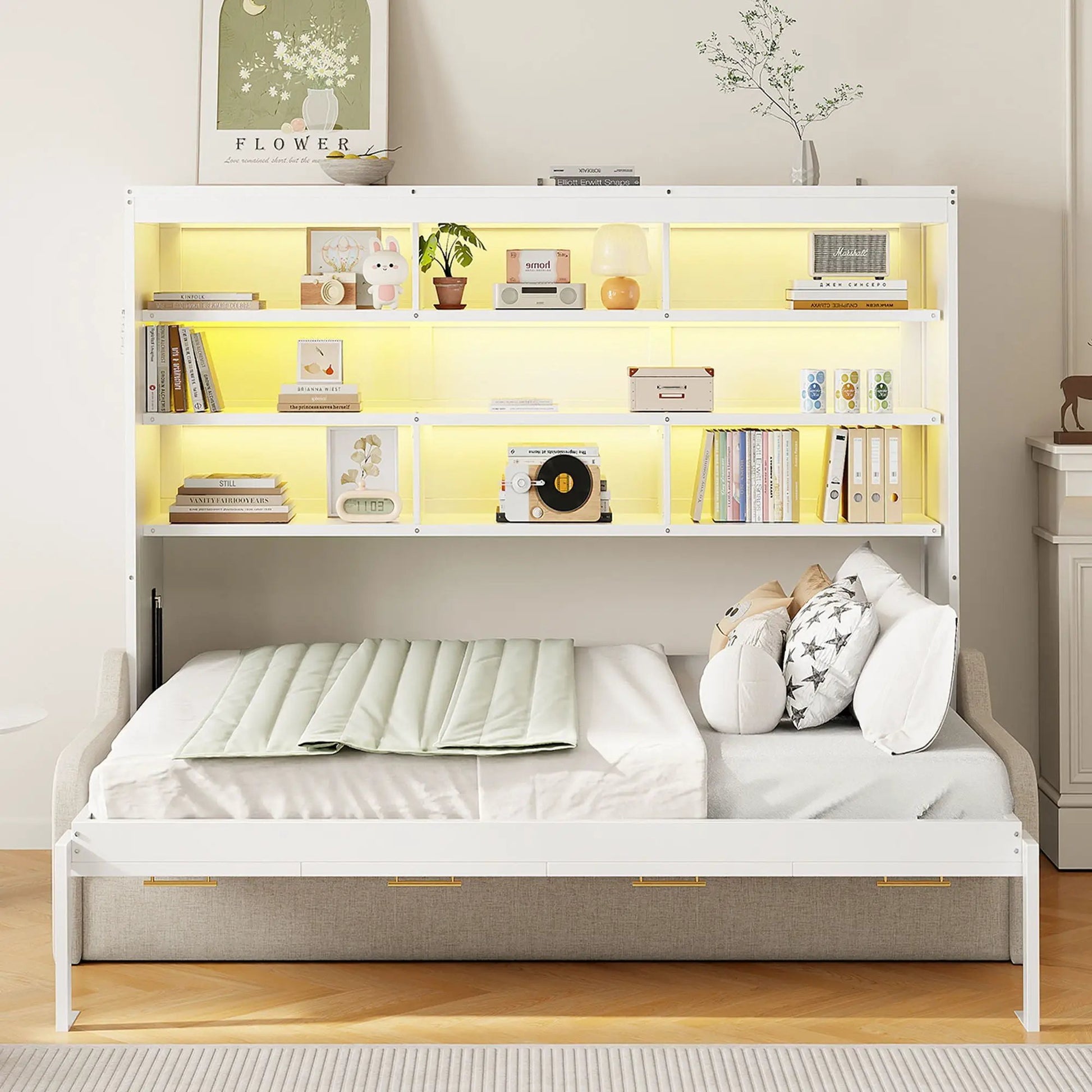 Murphy cabinet bed with folding sofa, white finish, built-in storage shelves and LED light on Tampa Home & Garden Store
