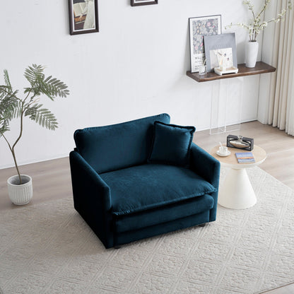 Comfy deep single-seat reading armchair in blue chenille upholstery with cushions on Tampa Home & Garden Store