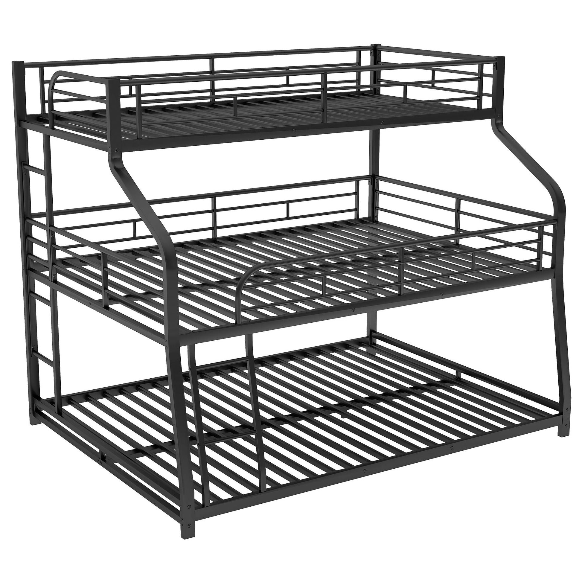 Triple bunk bed frame in black metal with full-length guardrails and ladders on Tampa Home & Garden Store