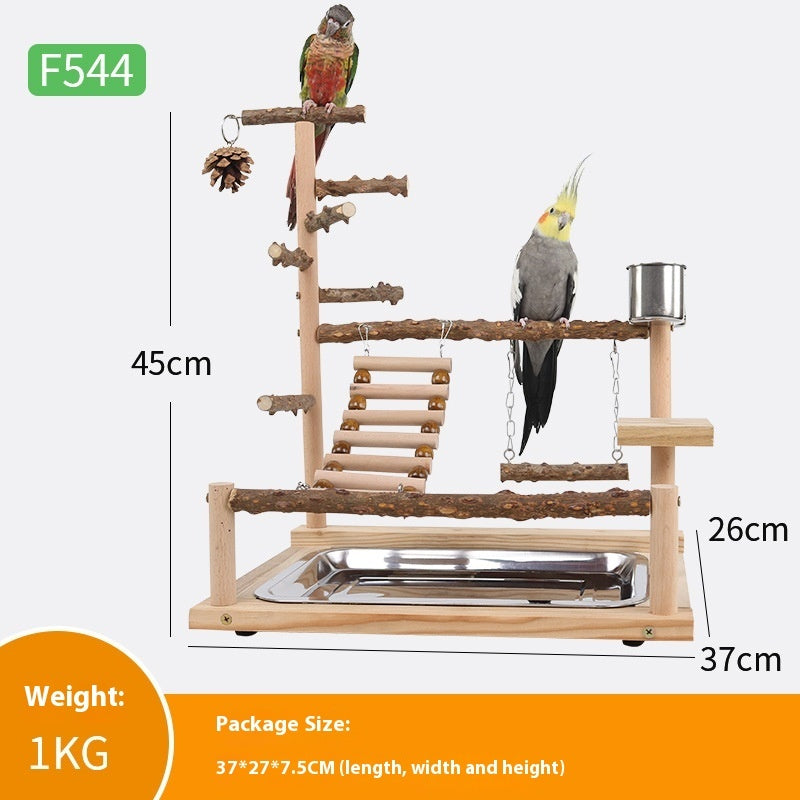 Wooden parrot training platform with rope ladder and branch perches, 2 parrots on it on Tampa Home & Garden Store