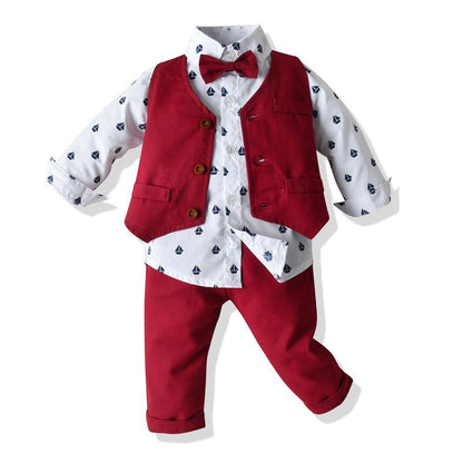 Baby boy suit set with red vest, sailboat-print shirt, red pants and bow tie by Stevvex on Tampa Home & Garden Store