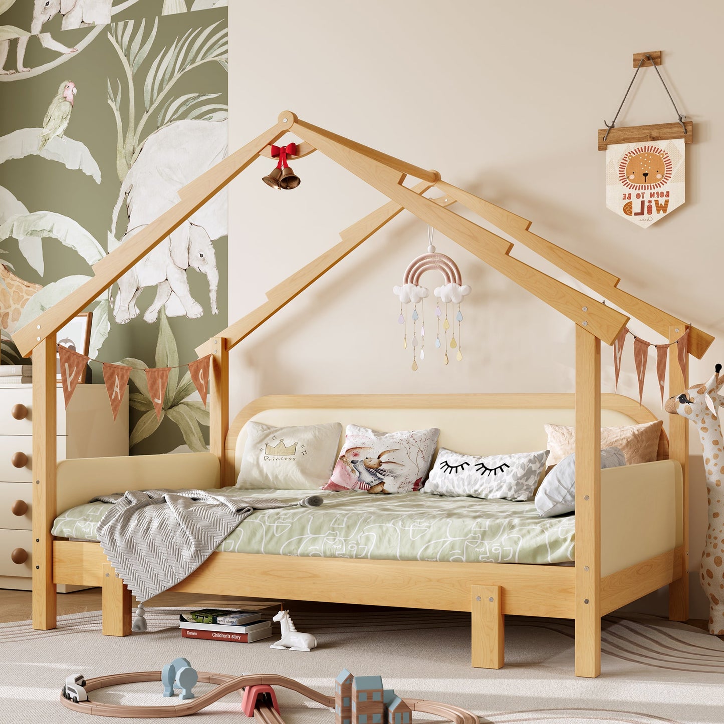 Twin size wood treehouse bed with soft cushion rails, natural wood finish by HouseOfZazla on Tampa Home & Garden Store