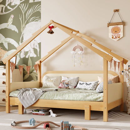 Twin size wood treehouse bed with soft cushion rails, natural wood finish by HouseOfZazla on Tampa Home & Garden Store