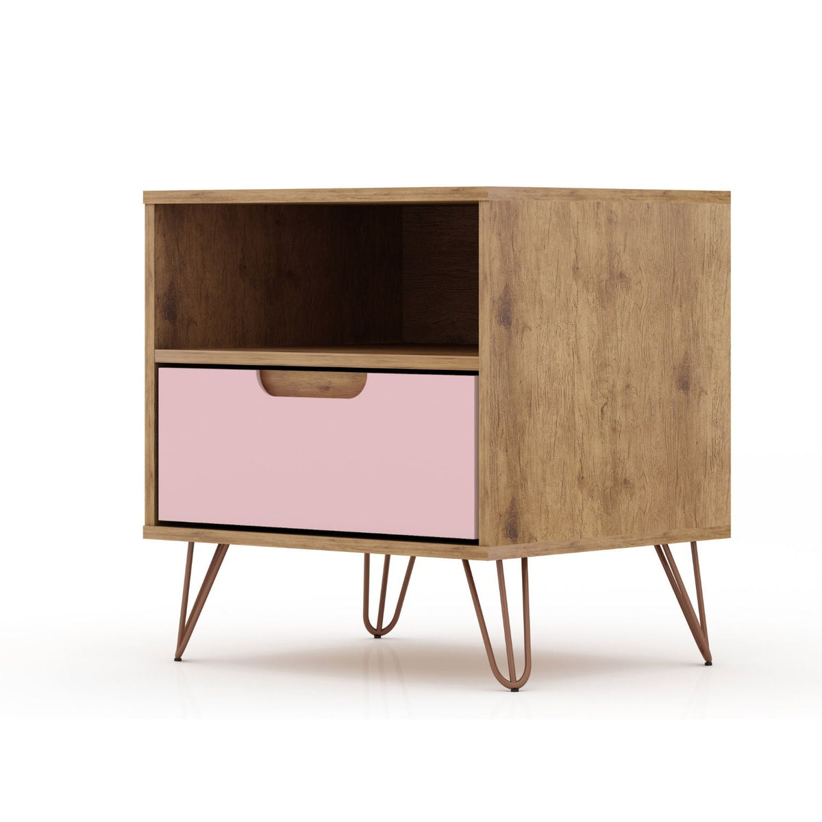 Rockefeller Nightstand with 1 drawer, pink front, natural wood, splayed legs HouseOfZazla on Tampa Home & Garden Store