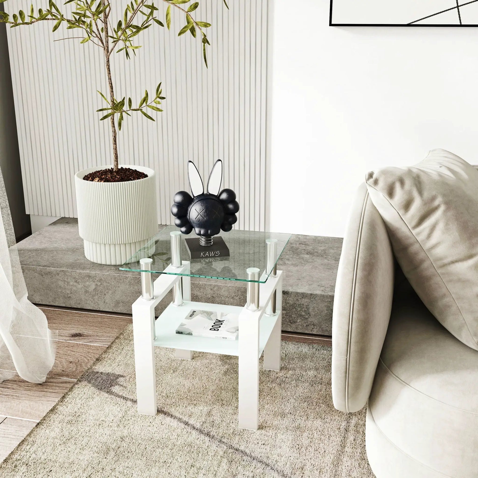Modern tempered glass end square table with white legs for living room by Unique Piece Furniture on Tampa Home & Garden Store