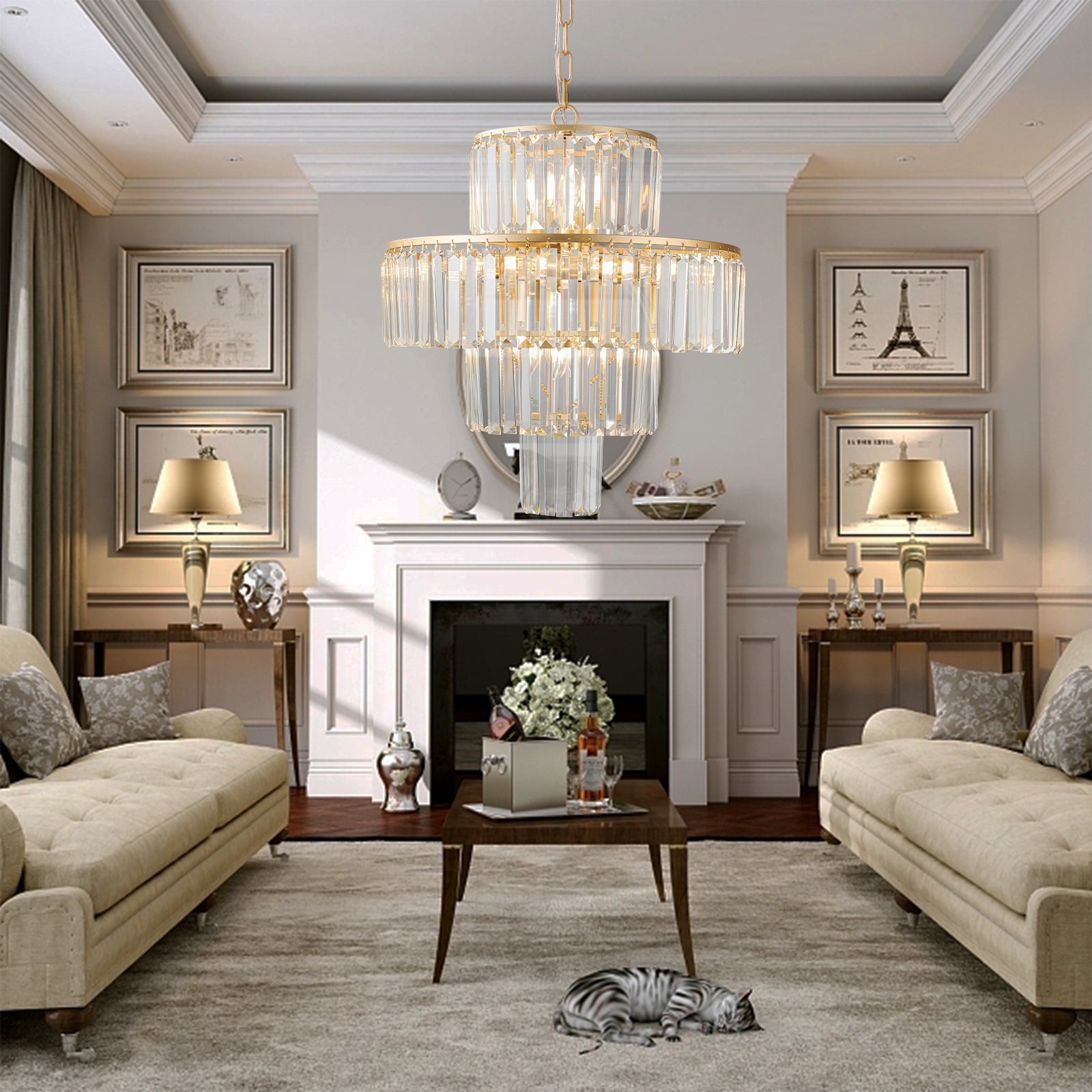 20' modern crystal chandelier with gold finish, tiered prisms, HouseOfZazla on Tampa Home & Garden Store
