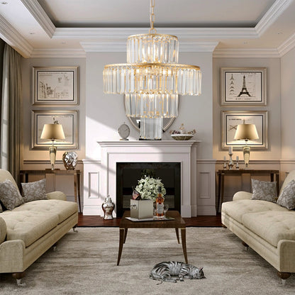 Chandelier: 20' luxury 4-tier crystal pendant with gold frame and 12 lights in living room on Tampa Home & Garden Store