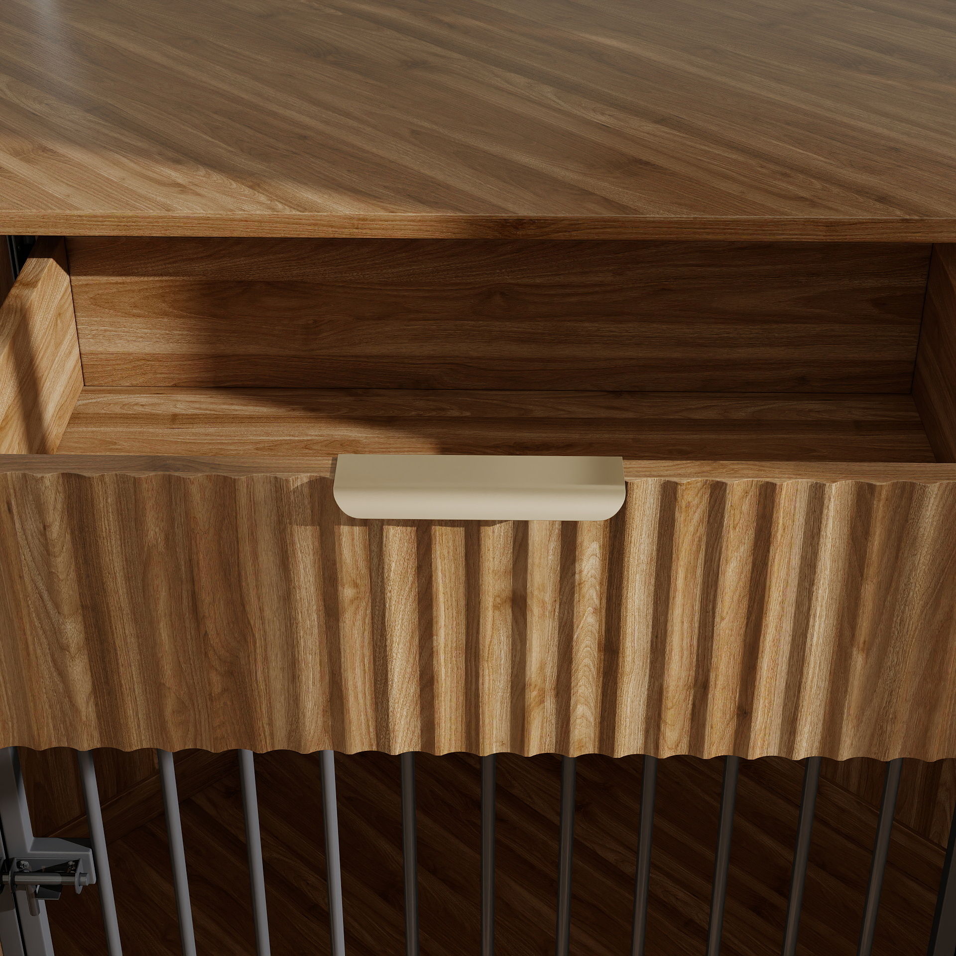 Corner Dog Crate in walnut wood finish with metal vertical bars and white door latch on Tampa Home & Garden Store