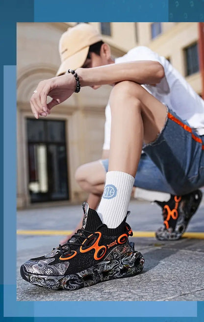 Galaxy Blade sneakers by FLIPSTYLEZLLC; black knit upper, orange accents, marbled sole pair on Tampa Home & Garden Store