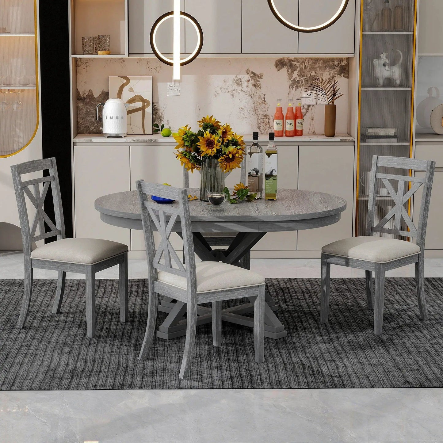 Dining Set Extendable Round Table and 4 Chairs
