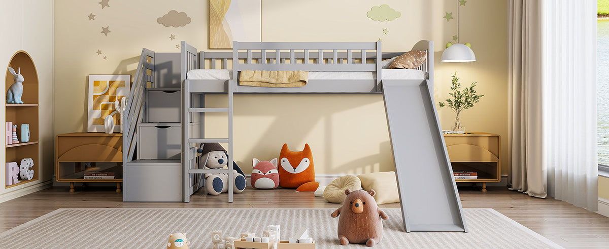 Loft stairway bed with slide, 2 drawers, gray finish, HouseOfZazla on Tampa Home & Garden Store