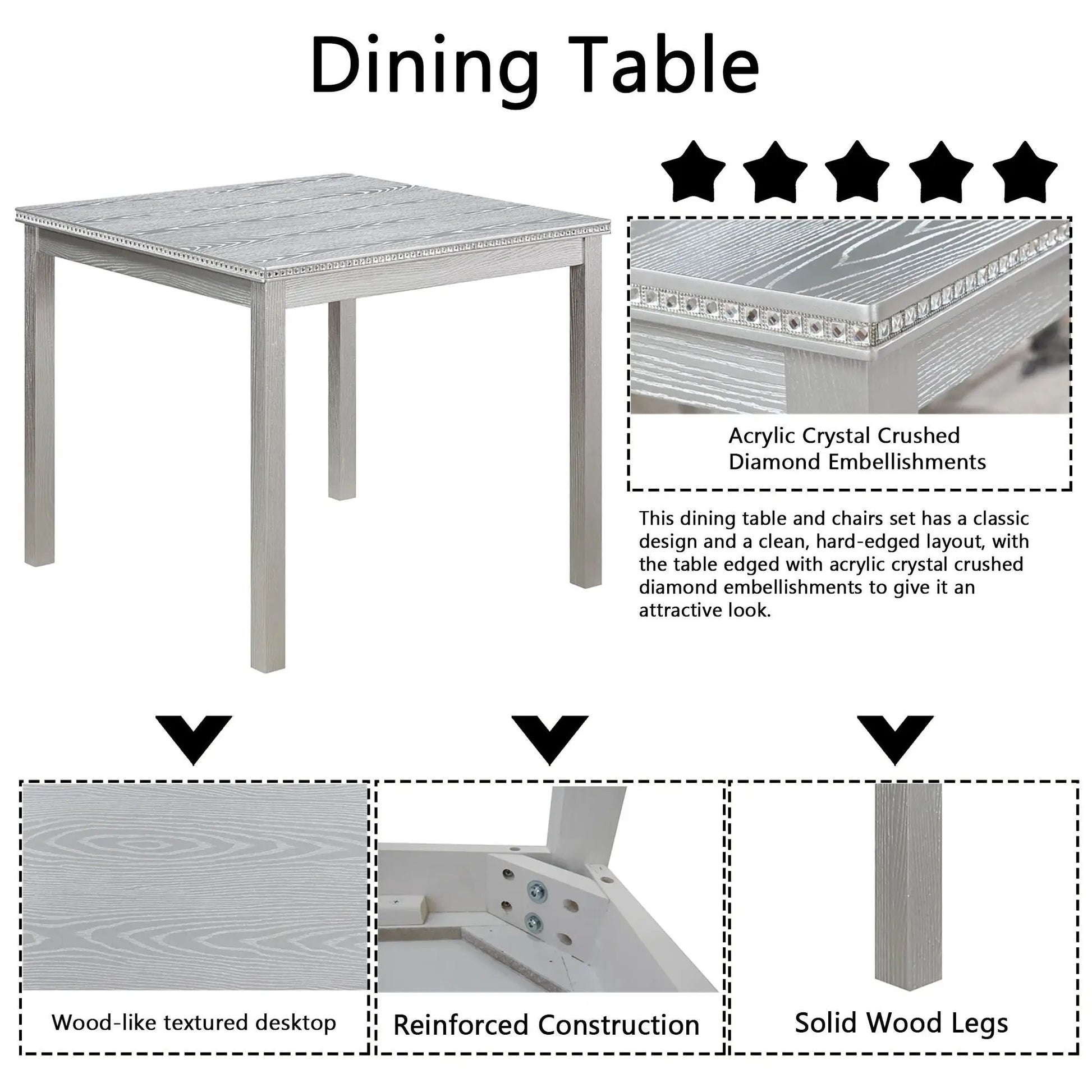 5-piece dining set with crystal accents and upholstered chairs in silver wood texture on Tampa Home & Garden Store