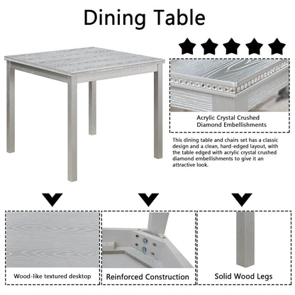 5-piece dining set with crystal accents and upholstered chairs in silver wood texture on Tampa Home & Garden Store