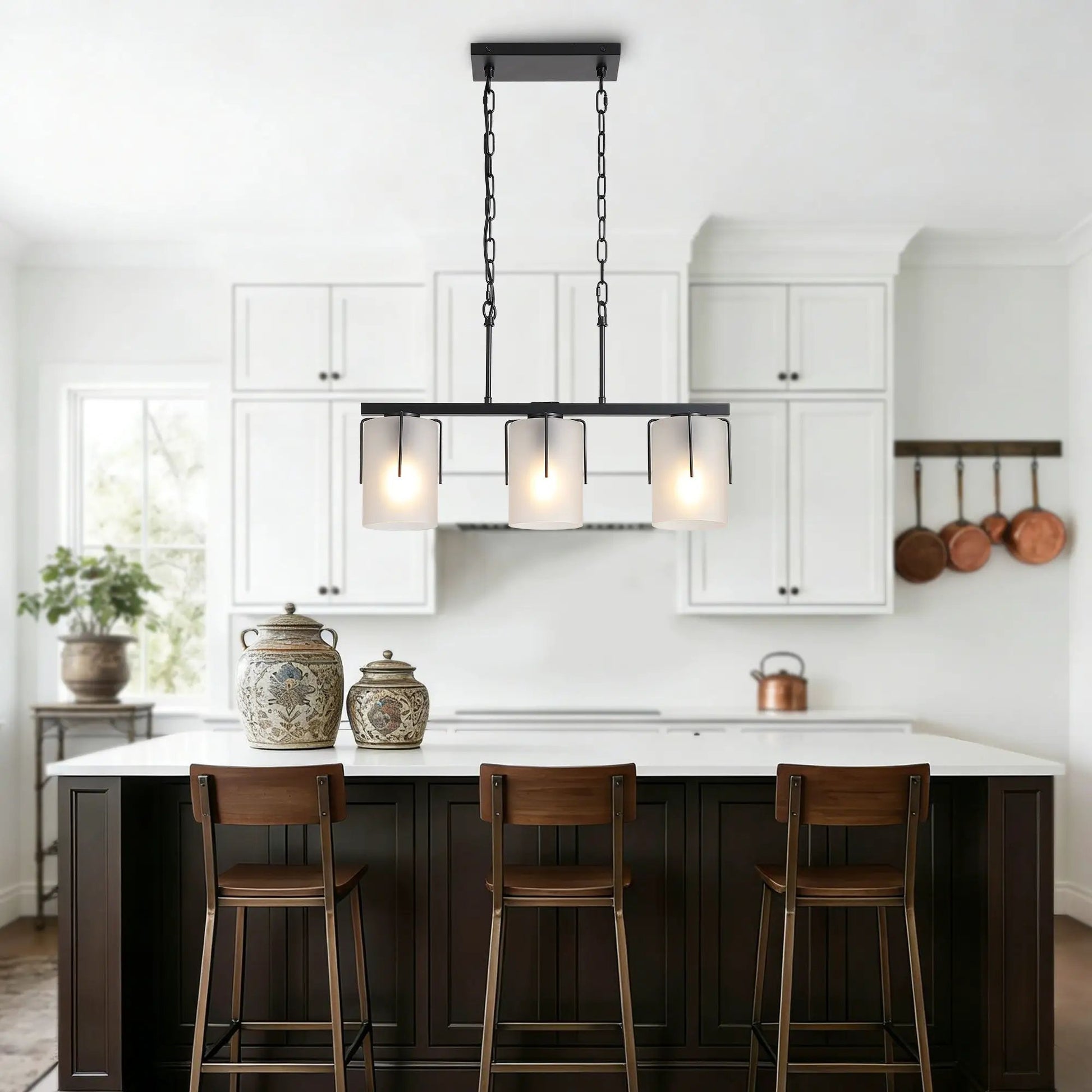 Adjustable Pendant Light by Unique Piece Furniture; black metal frame with four shades on chain on Tampa Home & Garden Store