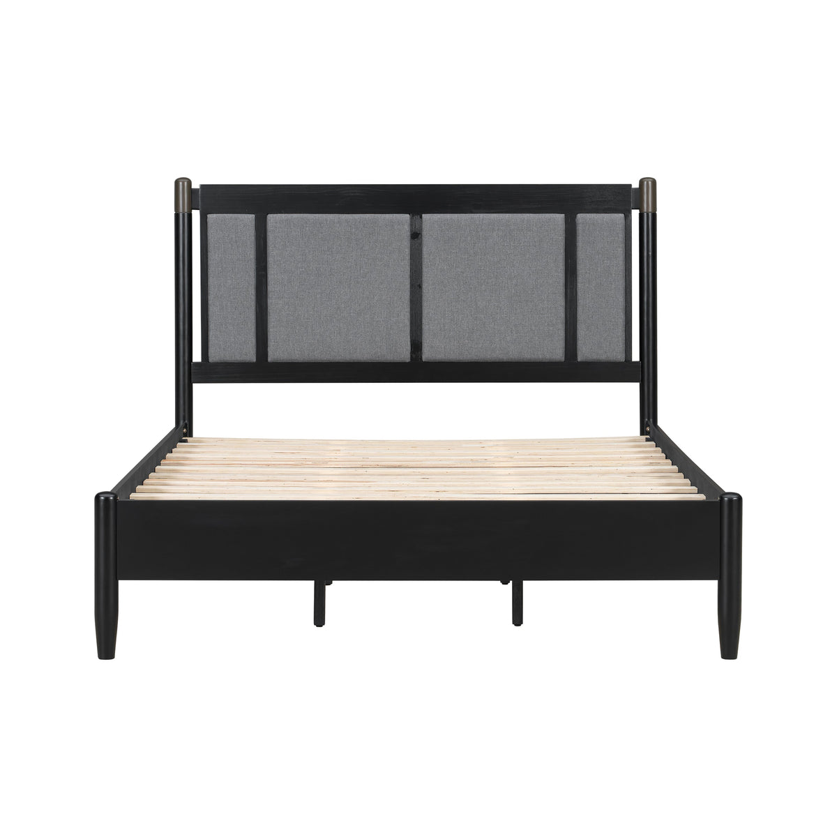 Queen bed frame with black metal posts, dark wood headboard rails, and grey upholstered panels on Tampa Home & Garden Store