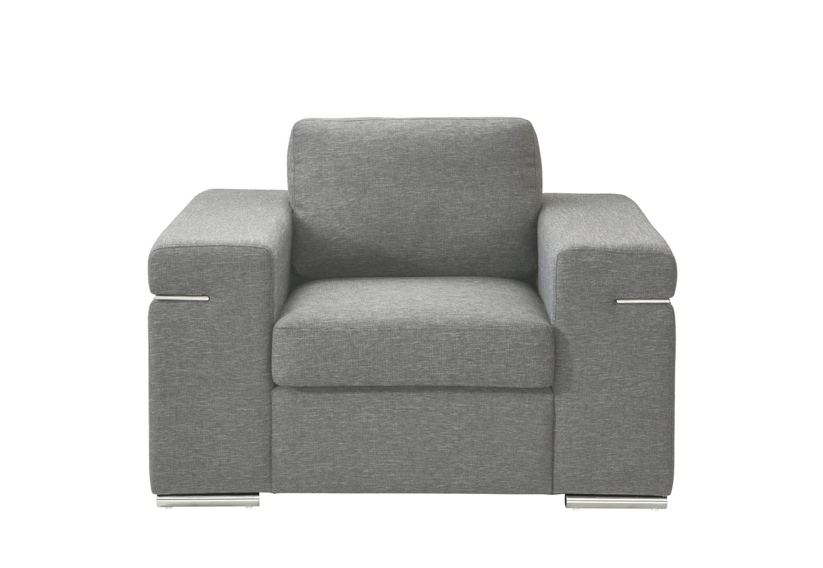 Fabric arm chair with oversized arms and metal accents in gray upholstery on Tampa Home & Garden Store