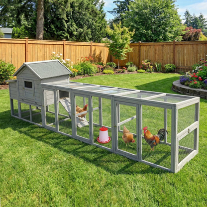 141-inch gray wooden chicken coop with nesting box and attached wire-mesh pen run on Tampa Home & Garden Store