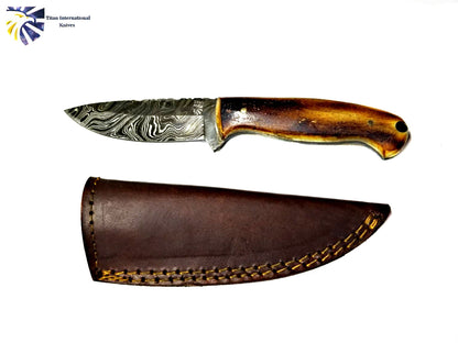 Damascus hunting knife TD-204 by Titan with Damascus blade and brown handle leather sheath on Tampa Home & Garden Store