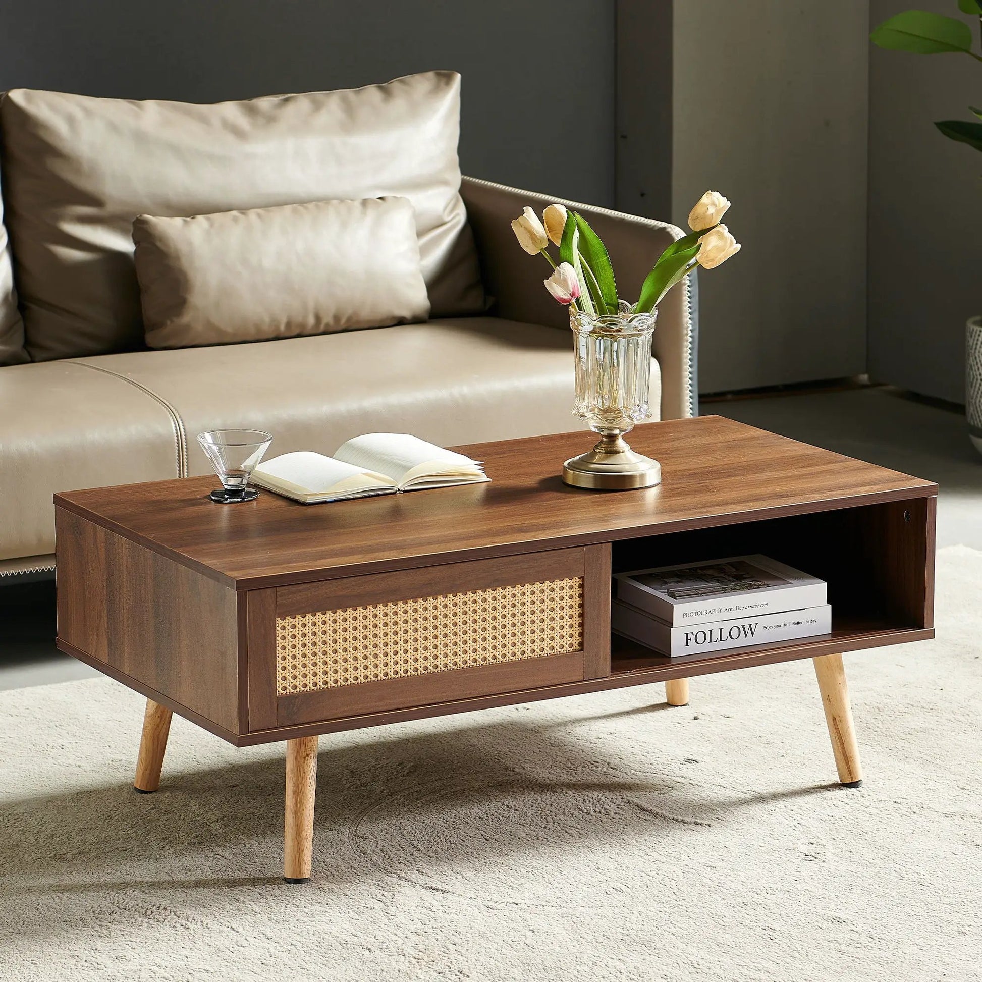 41.34in rattan coffee table with sliding storage, cane front on Tampa Home & Garden Store