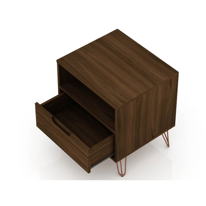 Rockefeller Nightstand with 1 drawer and open shelf in walnut finish with splayed copper legs on Tampa Home & Garden Store