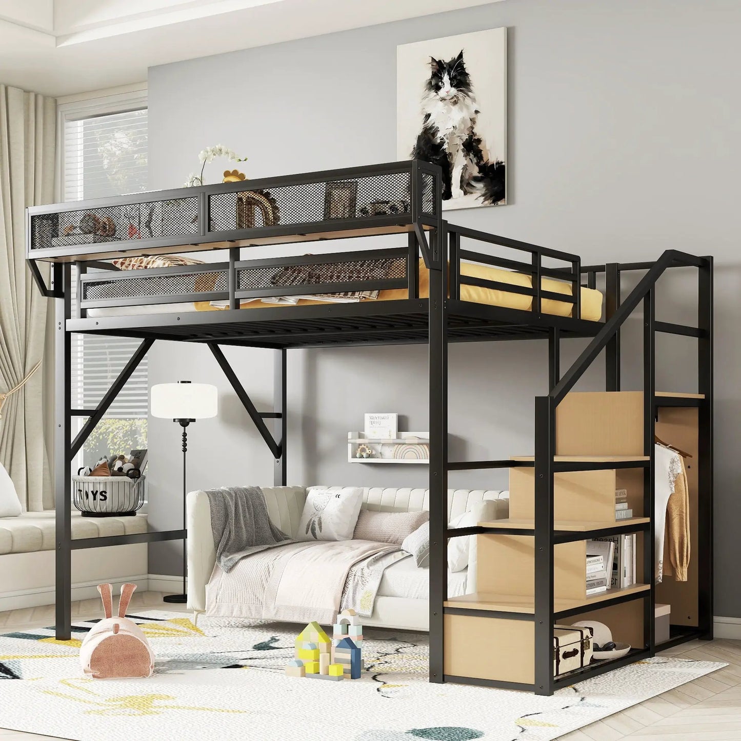 Queen Size Loft Bed with Stairs and Wardrobe