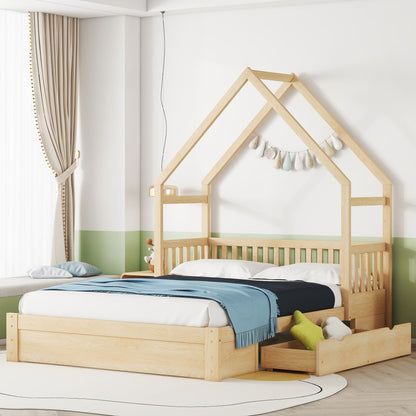 House style platform bed with guardrail and 2 storage drawers in light wood by HouseOfZazla on Tampa Home & Garden Store