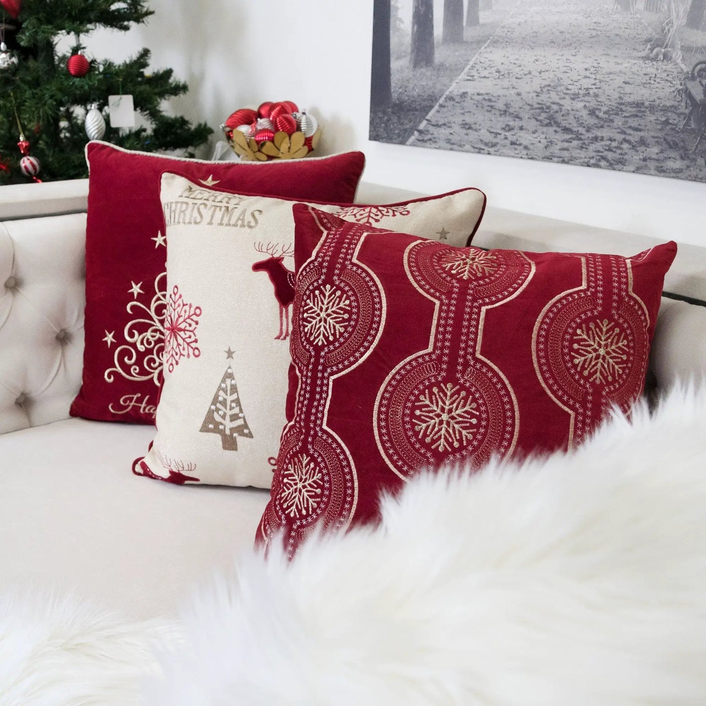 Holiday Throw Pillow Snowflake Embroidery