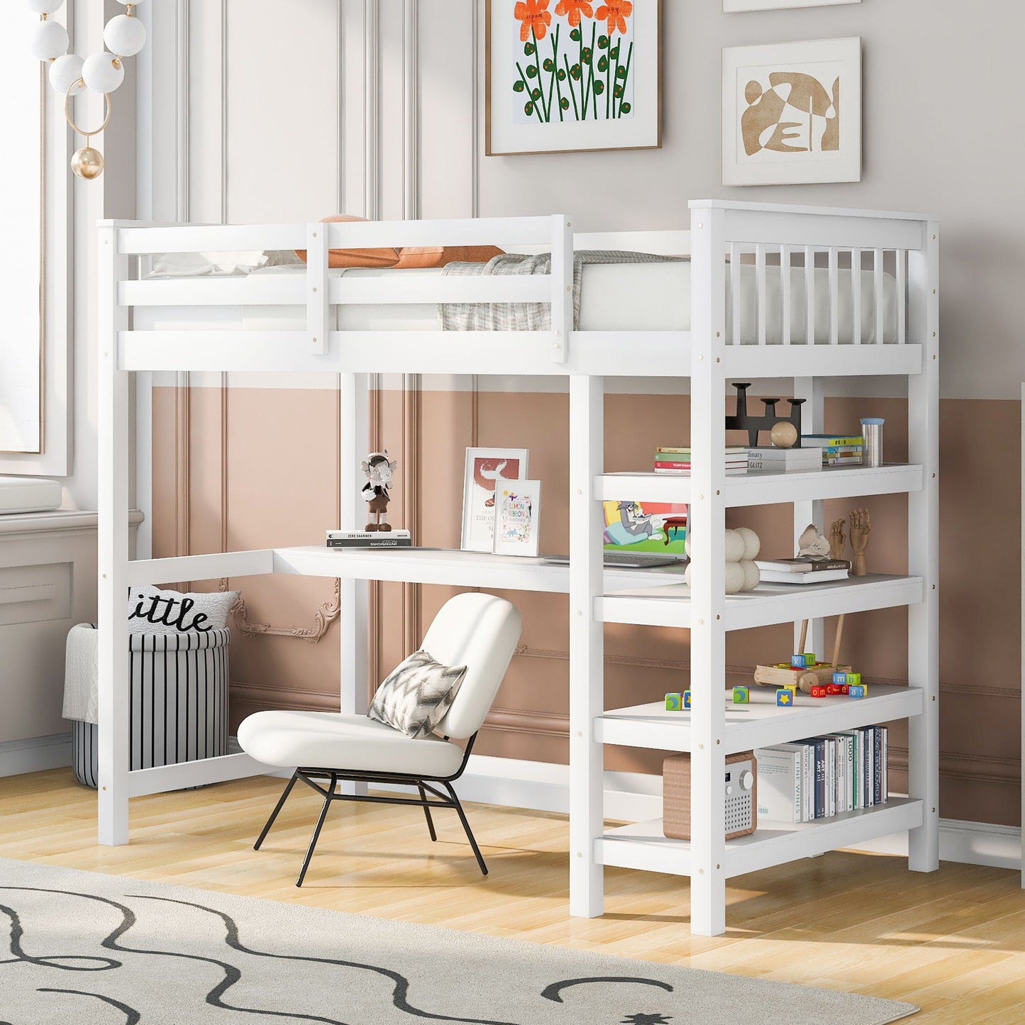 White loft bed with storage shelves and under-bed desk by HouseOfZazla in a bright room on Tampa Home & Garden Store
