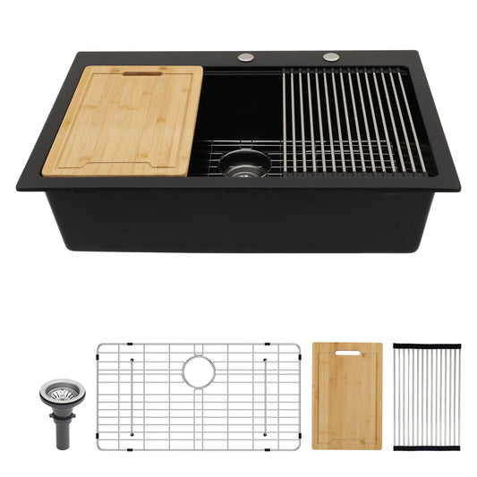 Drop-in kitchen sink HouseOfZazla with black granite composite quartz and bamboo cutting board on Tampa Home & Garden Store