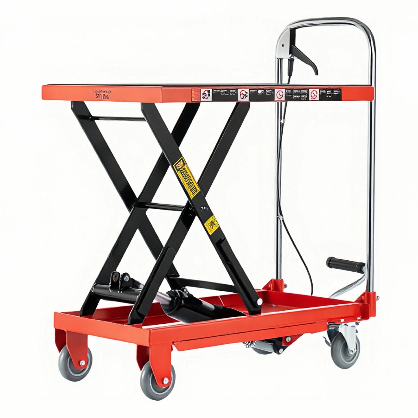 Hydraulic lift table cart red platform with black scissor legs, non-slip pads and grey wheels on Tampa Home & Garden Store