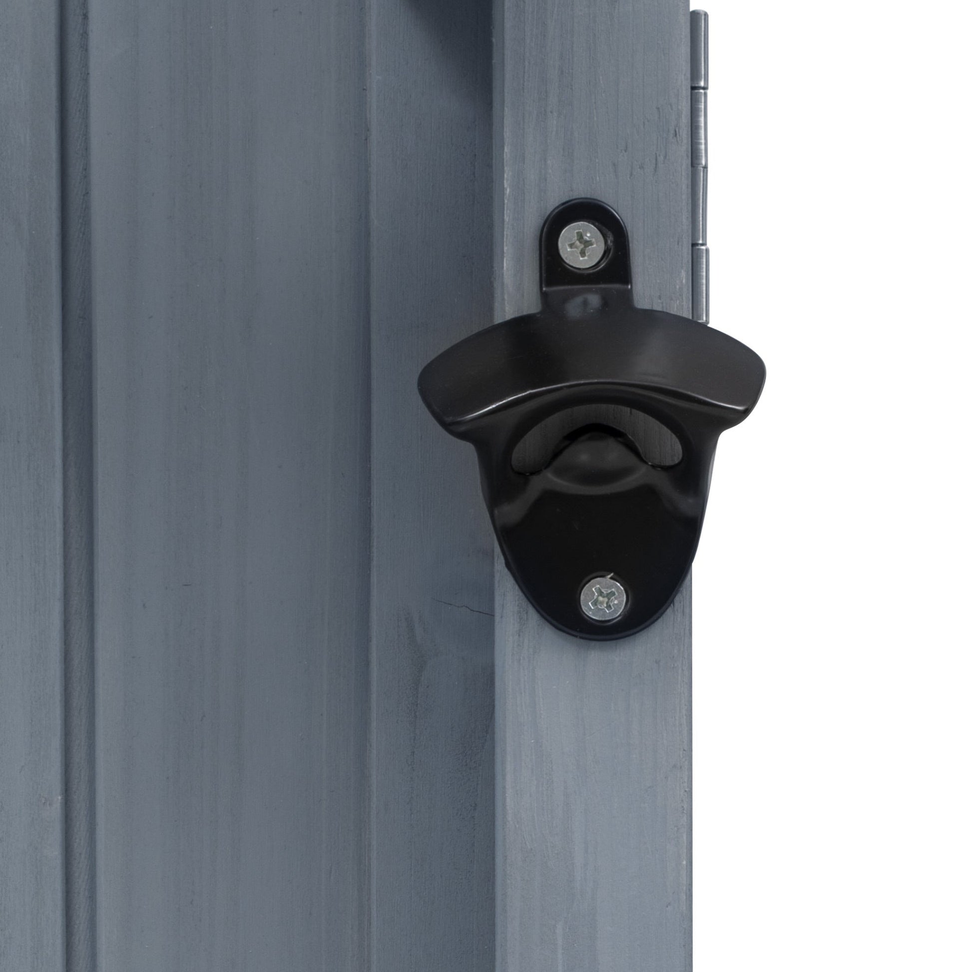 K&K 66.5in Outdoor Kitchen Island exterior panel with black curved latch on blue-gray wood on Tampa Home & Garden Store
