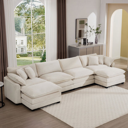 Modern oversized modular sofa with ottoman in cream ribbed fabric, low back, deep seating on Tampa Home & Garden Store