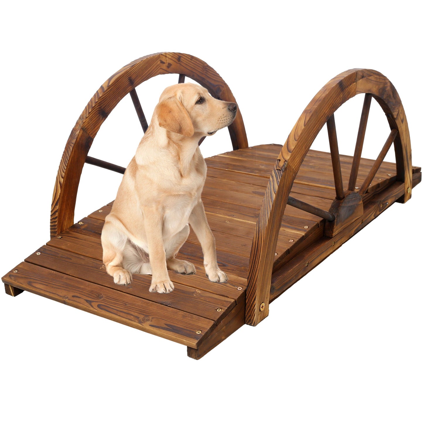 Wooden arc garden bridge brown with half-wheel railings, dog sits on deck HouseOfZazla on Tampa Home & Garden Store
