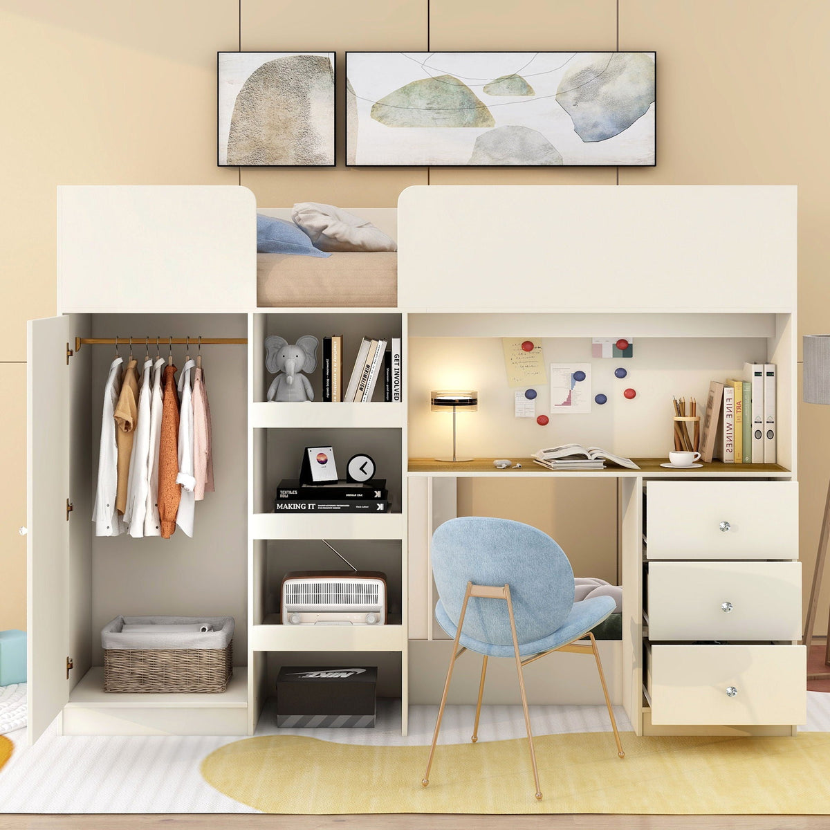 Loft bed with built-in wardrobe, desk, shelves and drawers in white by HouseOfZazla on Tampa Home & Garden Store