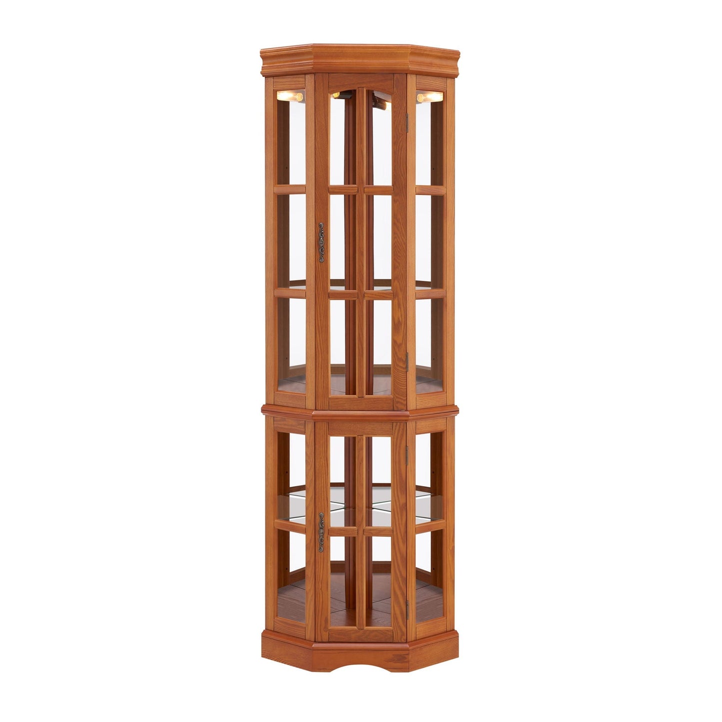 Corner curio cabinet with 5 glass shelves and lighting by HouseOfZazla in oak finish on Tampa Home & Garden Store