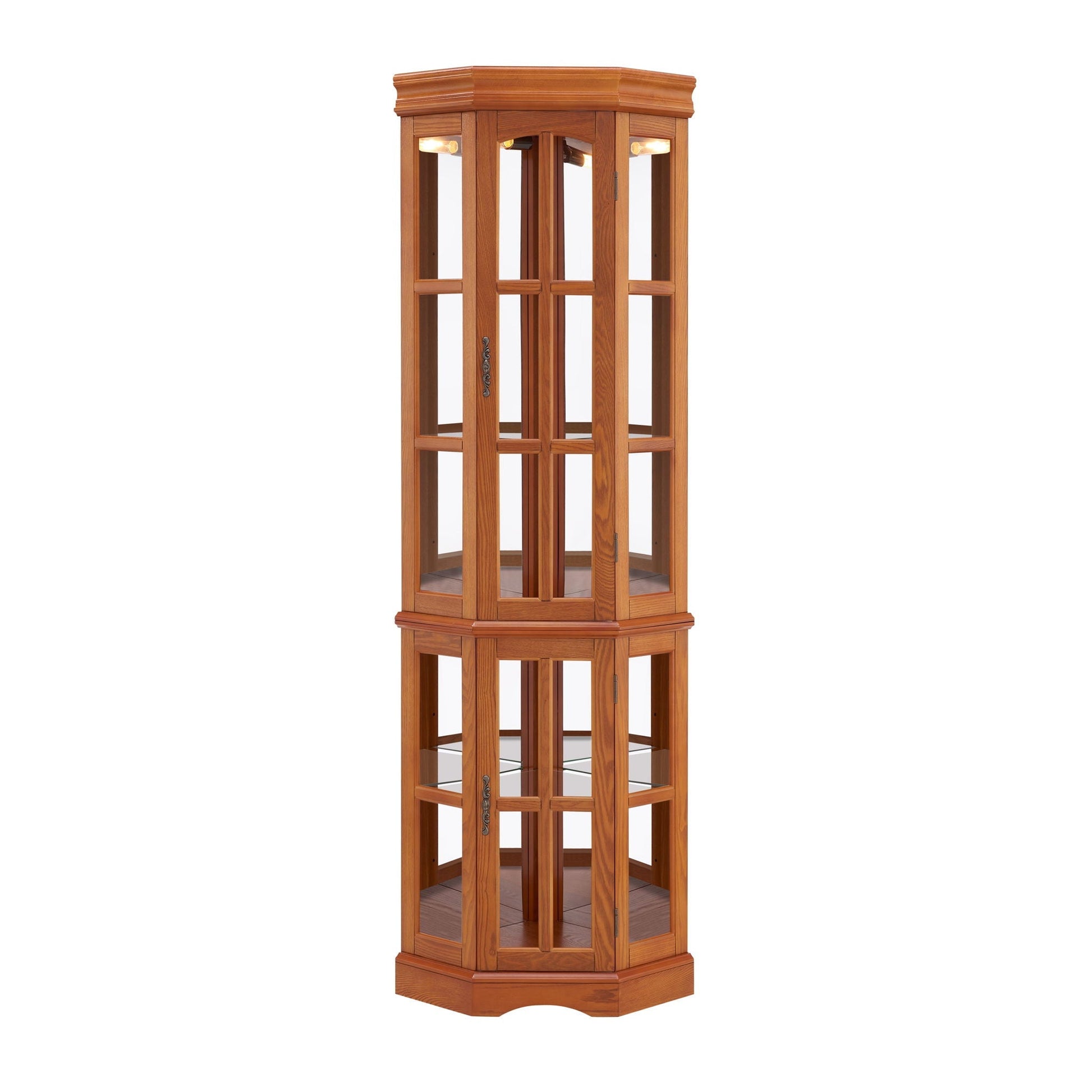 Corner curio cabinet with 5 glass shelves and lighting by HouseOfZazla in oak finish on Tampa Home & Garden Store