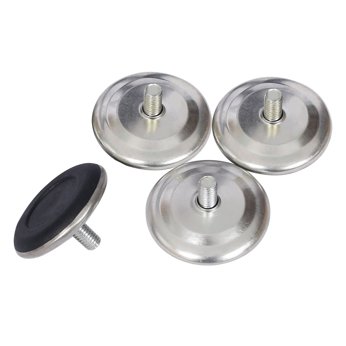 Five round metal table bases with threaded studs and black rubber pads, heavy duty steel on Tampa Home & Garden Store